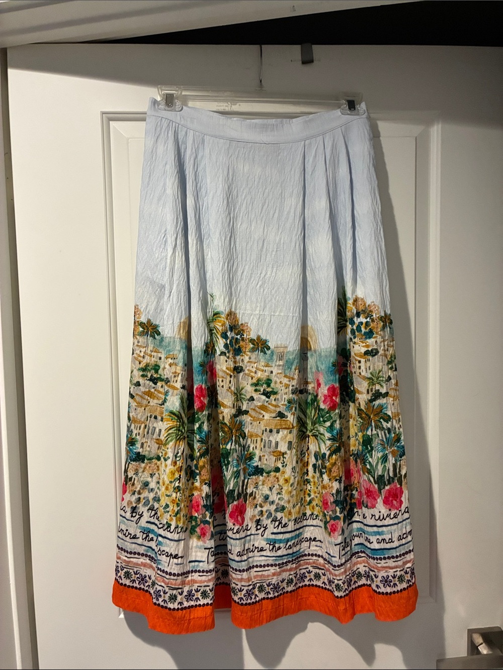 Elie Tahari Light,Blue Midi Skirt with Multicolor Tropical Border and Orange Hem